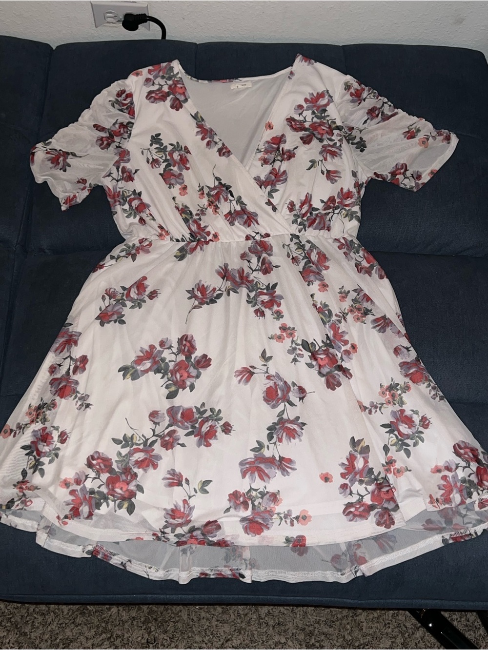 Maurices White Floral Wrap Dress with Red Blooms